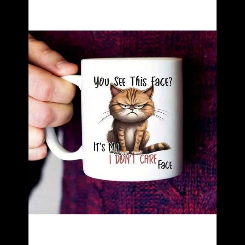 Tailorly White Ceramic 11 oz Mug - You See This Face It Is My I Dont Care Face Grumpy Brown Tabby Sitting With Annoyed Expression And Thick Fur Cat