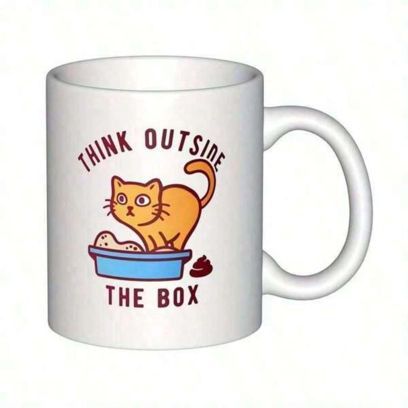 Tailorly White Ceramic 11 oz Mug - Think Outside The Box Funny Orange Cat Standing In Blue Litter Box Cat