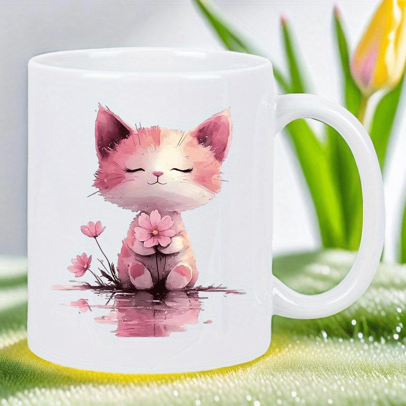 Tailorly White Ceramic 11 oz Mug - Adorable Pink Watercolor Kitten Sitting Peacefully Holding A Single Flower Cat