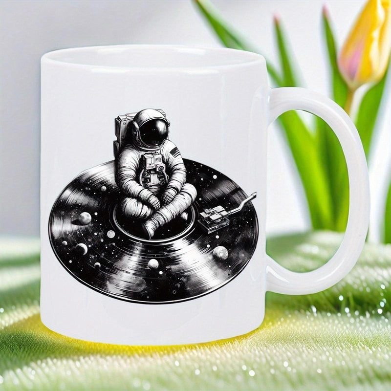 Tailorly White Ceramic 11 oz Mug - Mystical Space Traveler Sitting Upon A Cosmic Starry Vinyl Record Astronaut