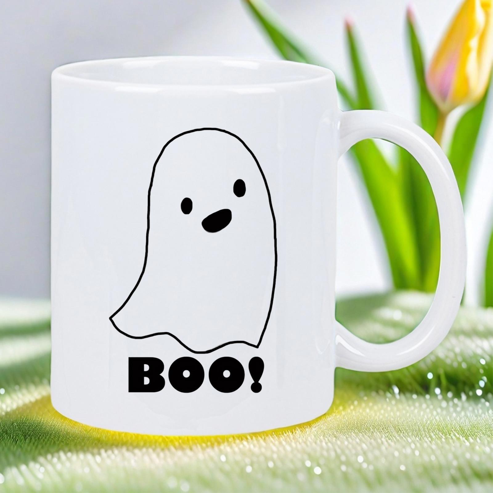 Tailorly White Ceramic 11 oz Mug - Boo Minimalist Hand Drawn Black Outline On White Ceramic Ghost