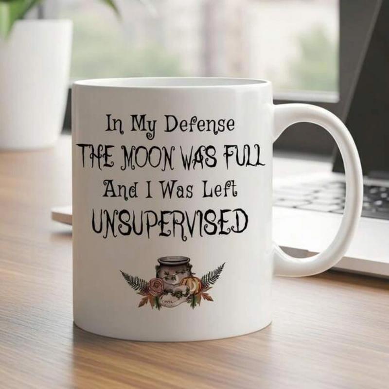 Tailorly White Ceramic 11 oz Mug - In My Defense The Moon Was Full And I Was Left Unsupervised Small Winged Raccoon Character Wearing Decorative Hat Among Graceful