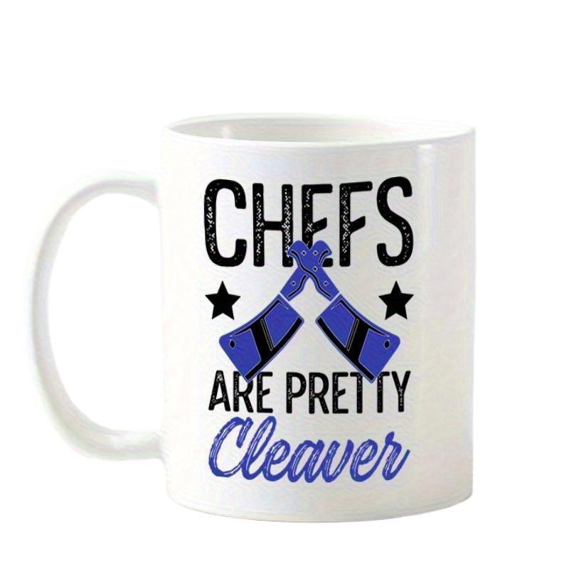 Tailorly White Ceramic 11 oz Mug - Chefs Are Pretty Cleaver Distressed Vintage Lettering Over Crossed Blue Culinary Tools And Black Stars Cleaver