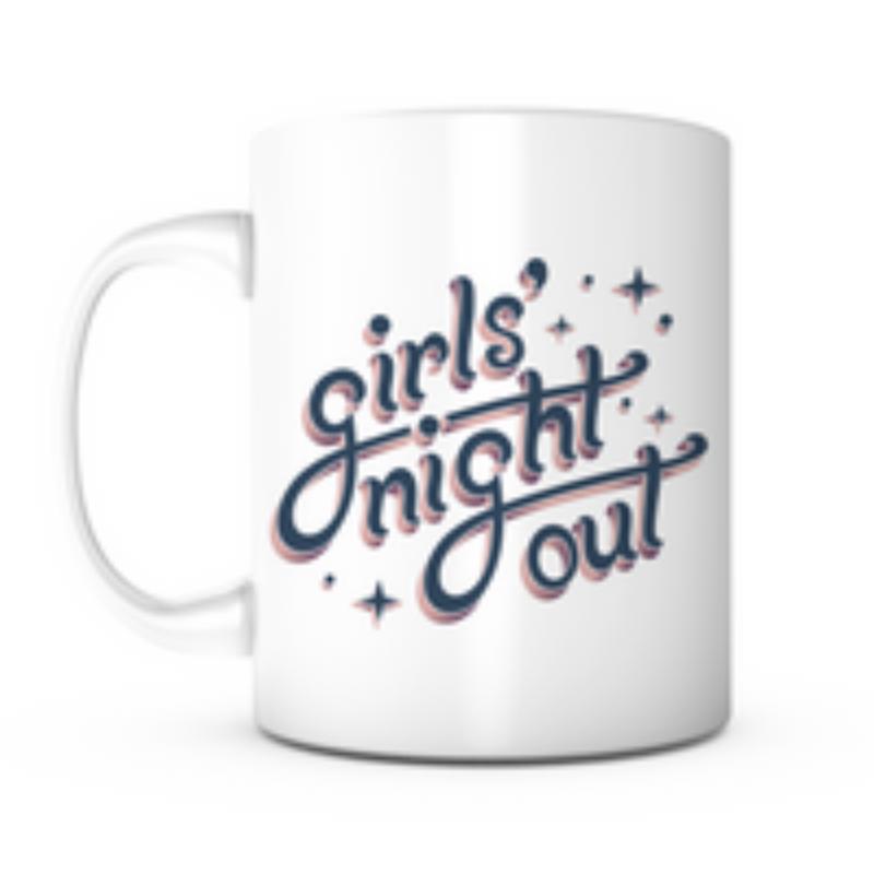 Tailorly White Ceramic 11 oz Mug - Girls Night Out Stylized Script With Glowing Twinkling Decorative Little Stars Lettering