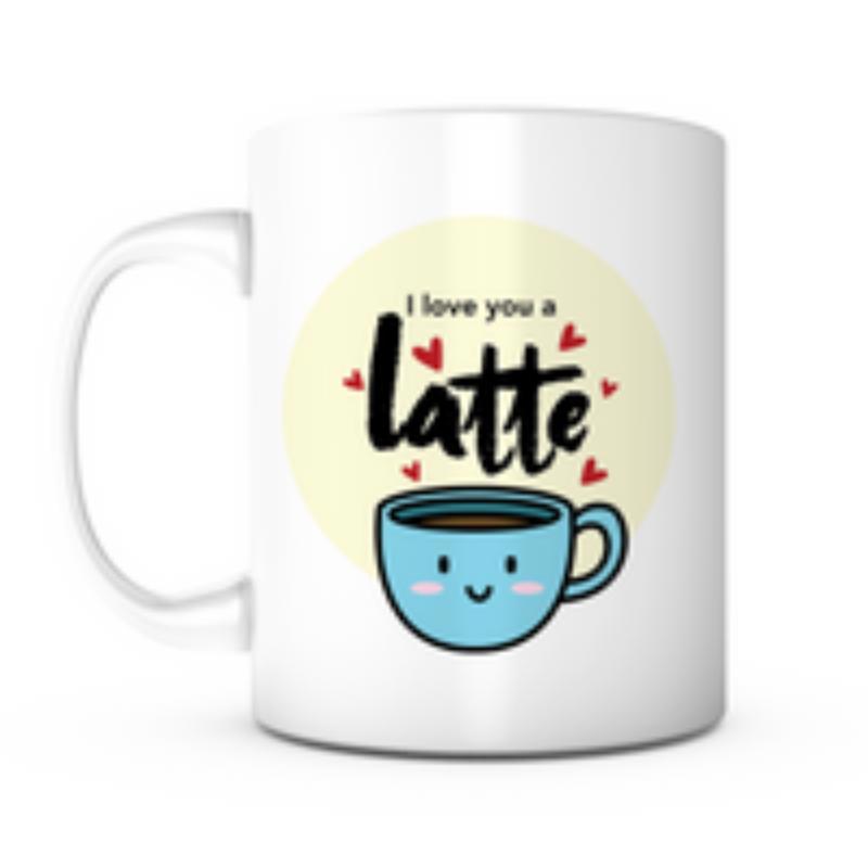 Tailorly White Ceramic 11 oz Mug - I Love You A Latte Cute Cartoon Smiling Blue Mug Among Floating Red Hearts Cup