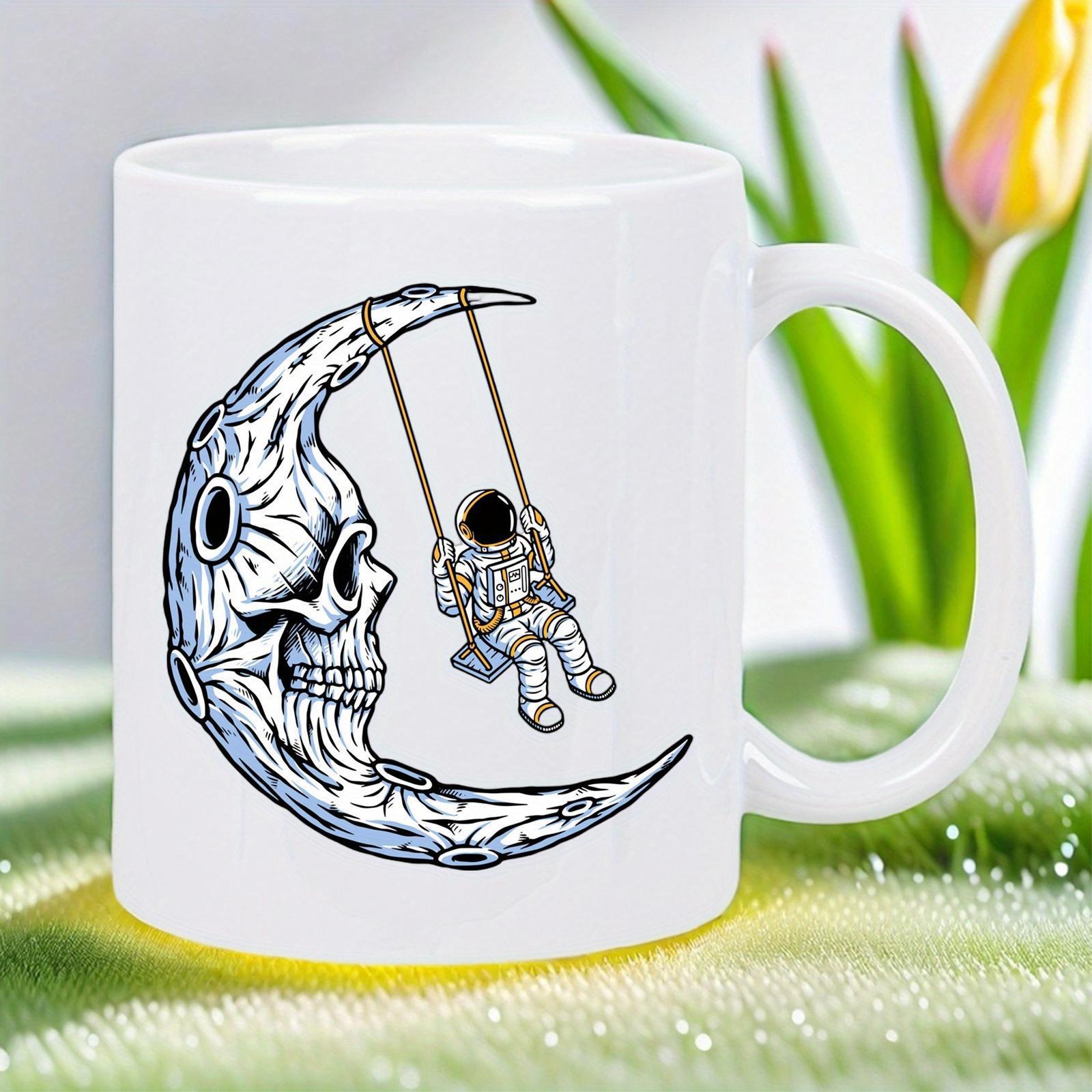 Tailorly White Ceramic 11 oz Mug - Eerie Skeletal Crescent Moon Featuring A Small Astronaut On Swing Moon
