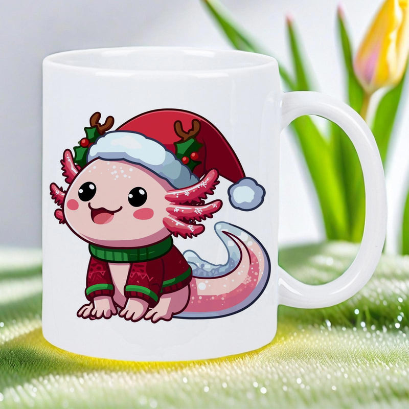 Tailorly White Ceramic 11 oz Mug - Adorable Festive Pink Creature Wearing Red Santa Hat And Winter Sweater Axolotl