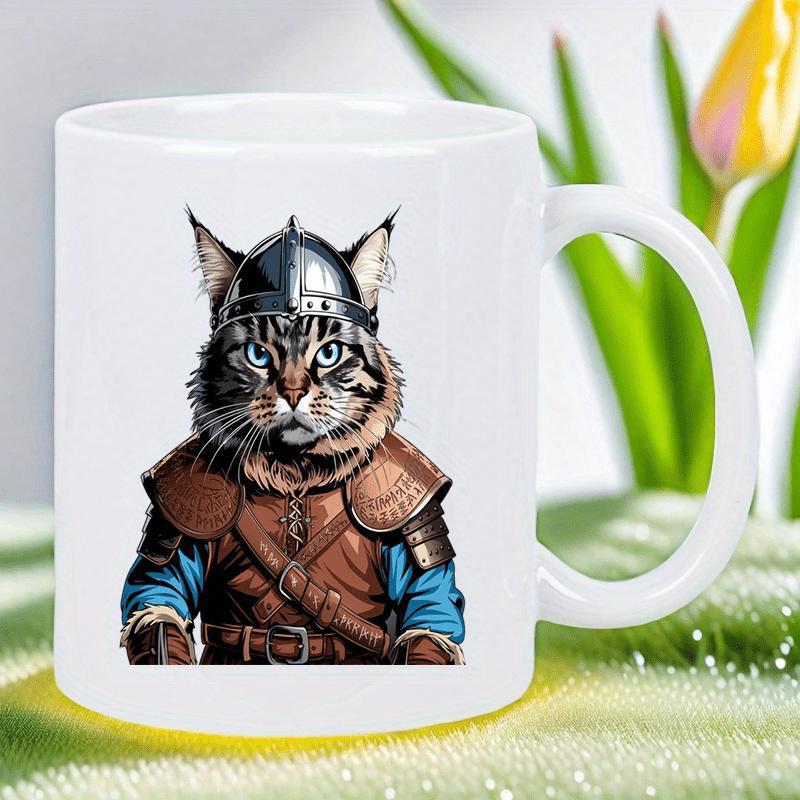 Tailorly White Ceramic 11 oz Mug - Brave Warrior Wearing Metal Helmet And Sturdy Leather Armor Cat