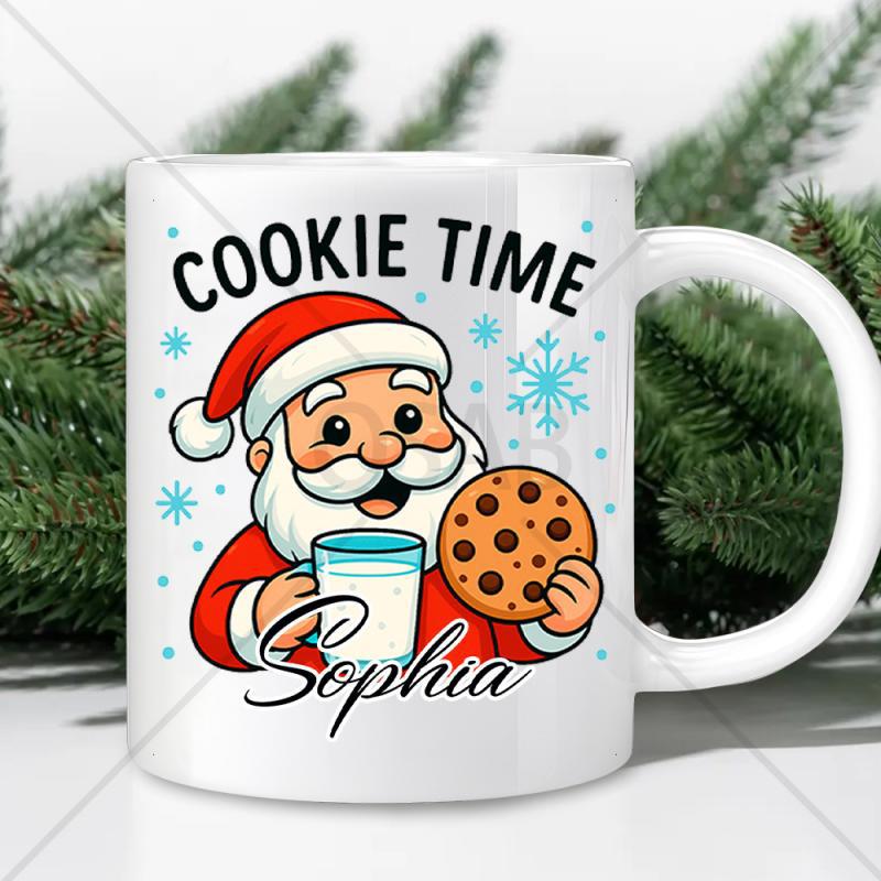 Tailorly White Ceramic 11 oz Mug - Cookie Time Sophia Jolly Santa Claus Holding A Chocolate Chip Cookie And Milk Santa