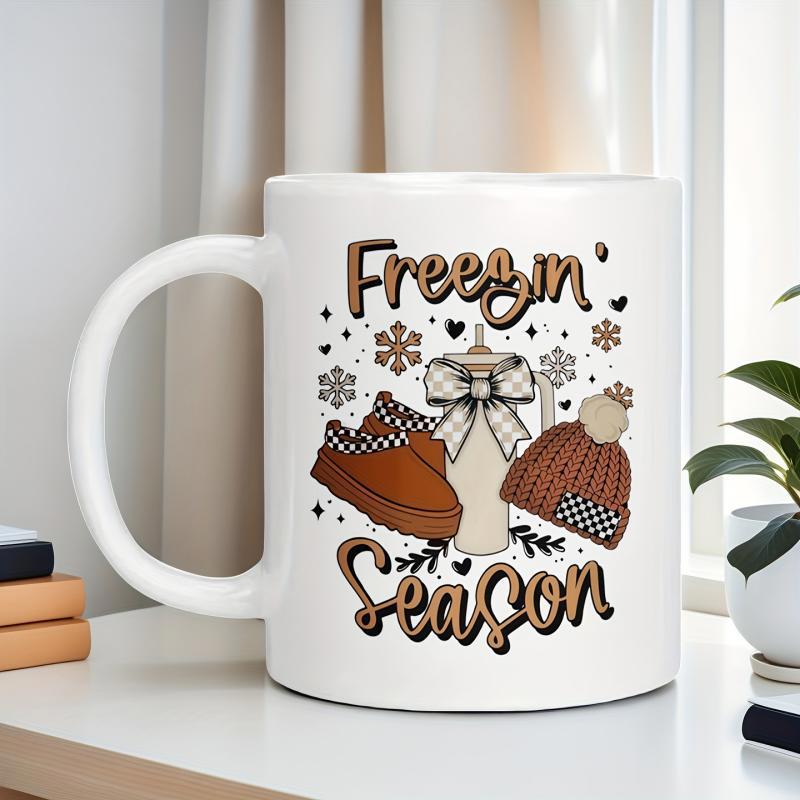 Tailorly White Ceramic 11 oz Mug - Freezin Season Cozy Winter Boots And Beanie Among Falling Delicate Snowflakes Mug