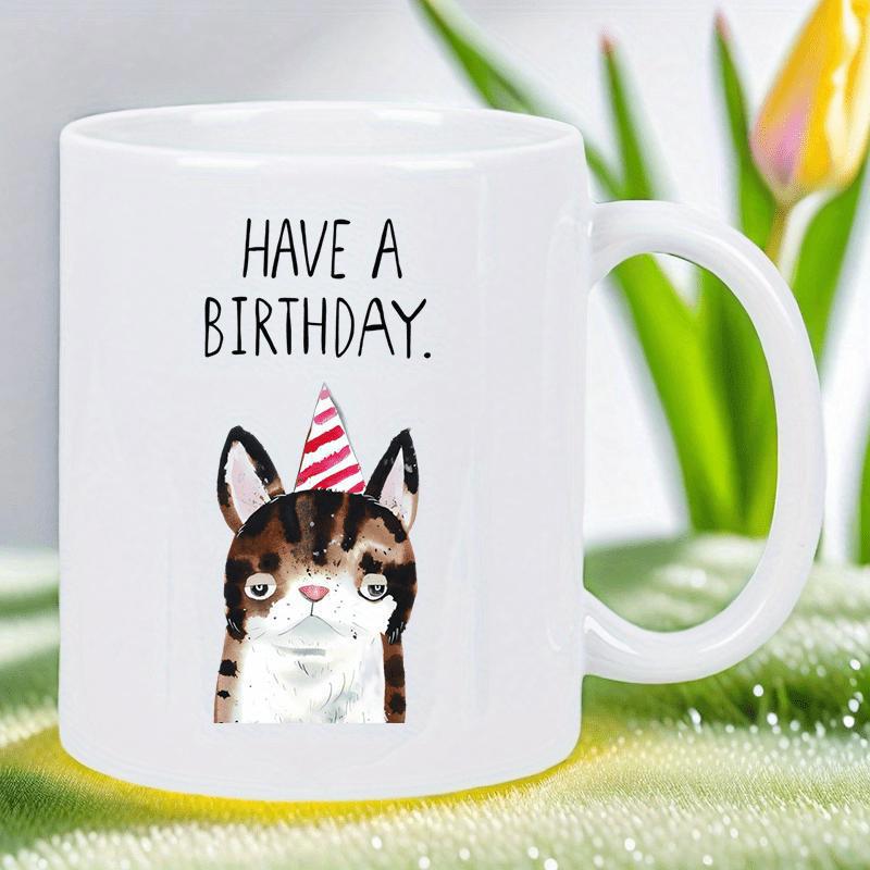 Tailorly White Ceramic 11 oz Mug - Have A Birthday Adorable Hand Drawn Watercolor Kitten Wearing A Festive Striped Party Hat Cat