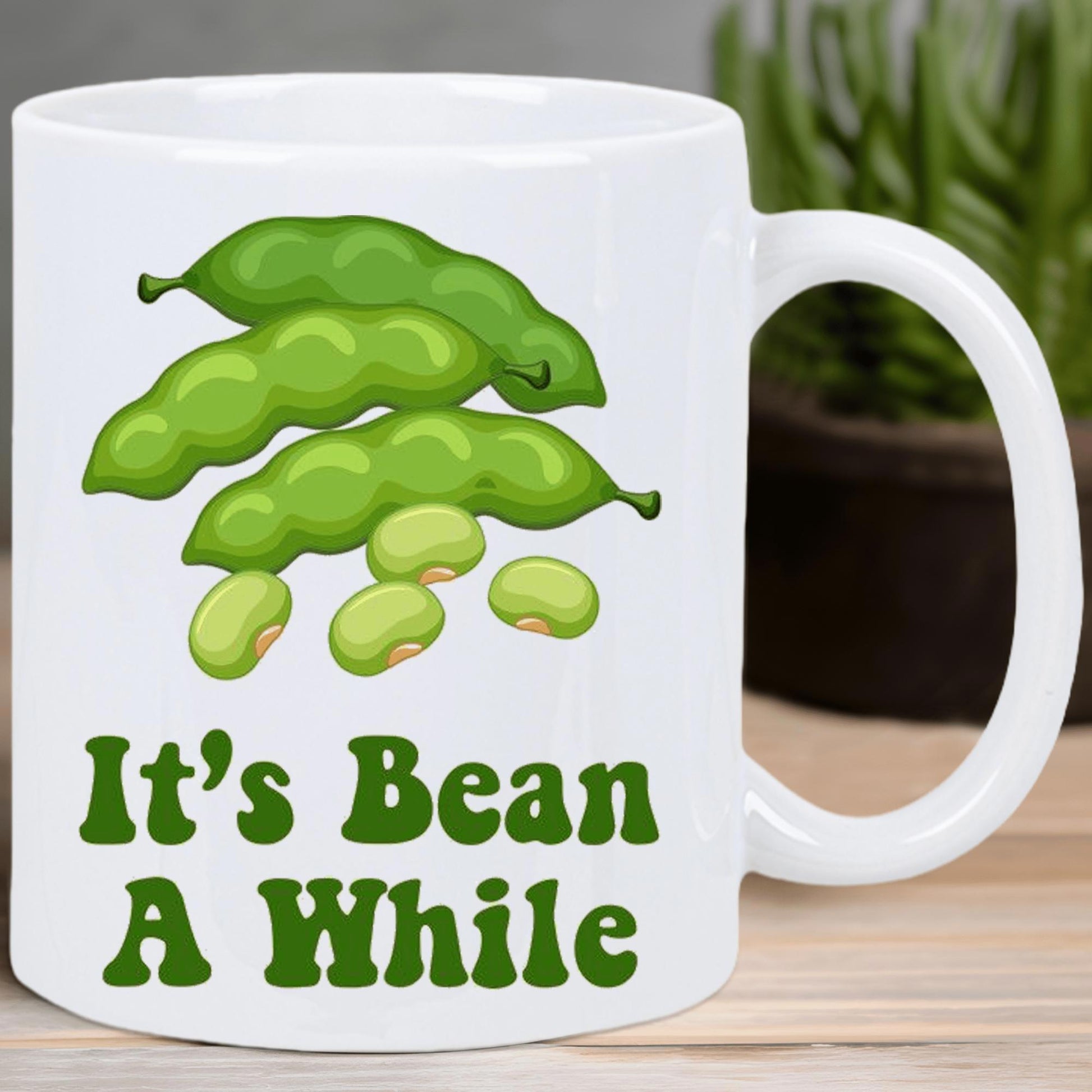 Tailorly White Ceramic 11 oz Mug - Its Bean A While Vibrant Green Soy Pods With Small Round Seed Pods Soybean