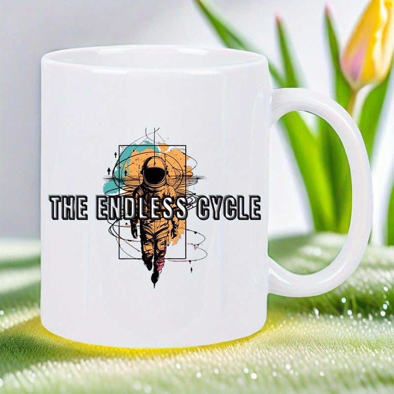 Tailorly White Ceramic 11 oz Mug - The Endless Cycle Walking Forward Through Abstract Colorful Geometric Sketch Background Astronaut