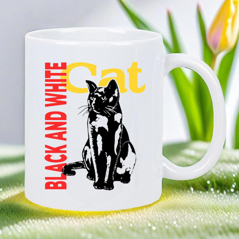 Tailorly White Ceramic 11 oz Mug - Black And White Cat High Contrast Artistic Silhouette Resting On A Clean White Surface Cat