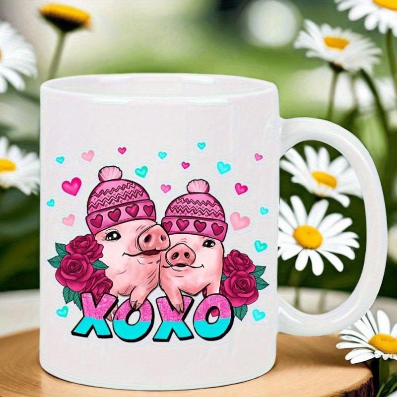 Tailorly White Ceramic 11 oz Mug - Xoxo Two Adorable Pink Creatures Wearing Knitted Heart Hats Among Roses Pig