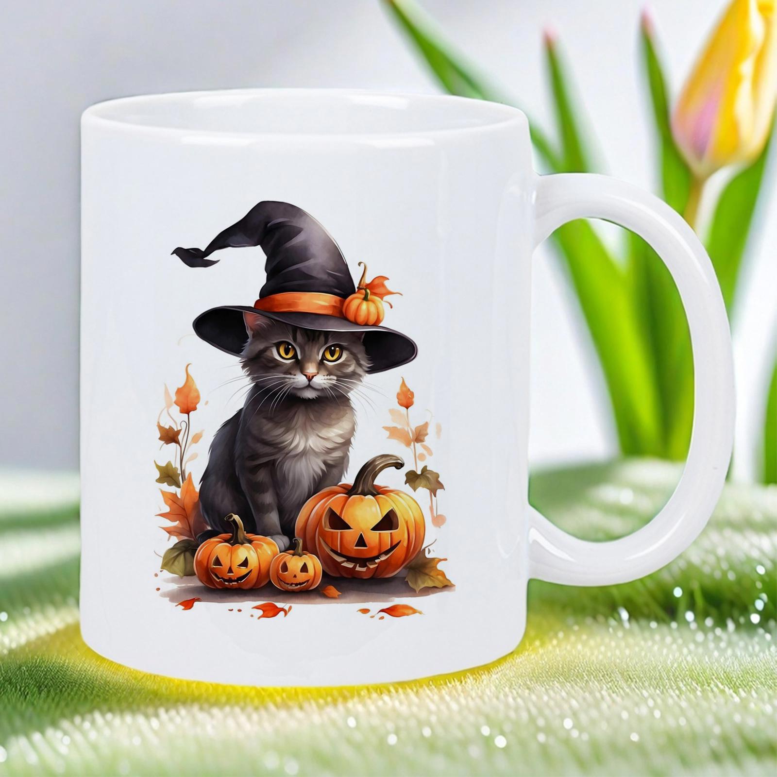 Tailorly White Ceramic 11 oz Mug - Mystical Grey Feline Wearing Witch Hat Among Carved Halloween Jack O Lanterns Cat