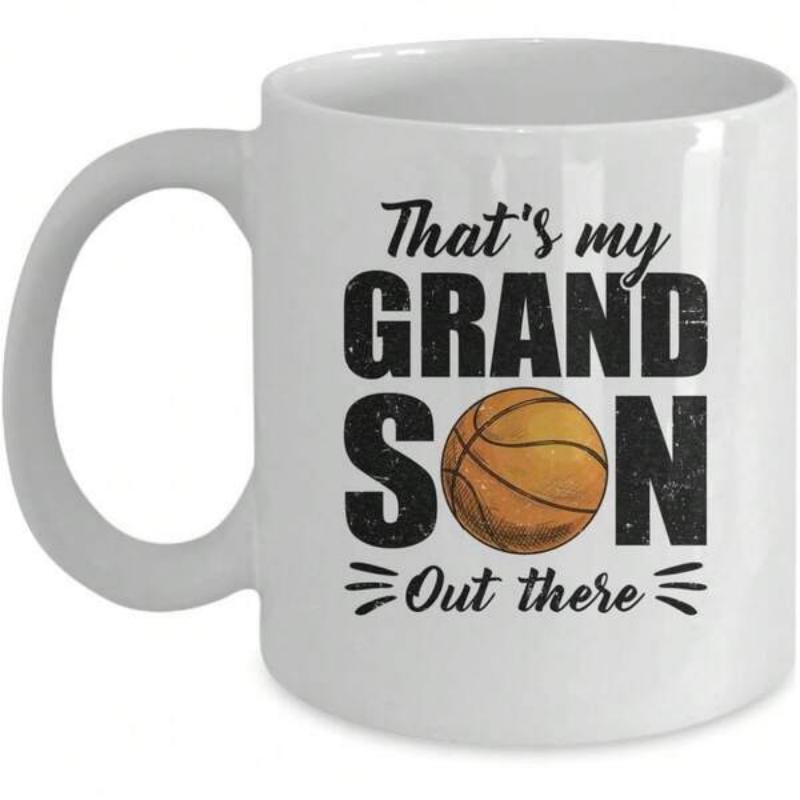 Tailorly White Ceramic 11 oz Mug - Thats My Grandson Out There Athletic Distressed Bold Lettering Surrounded By Realistic Orange Sports Ball Basketball