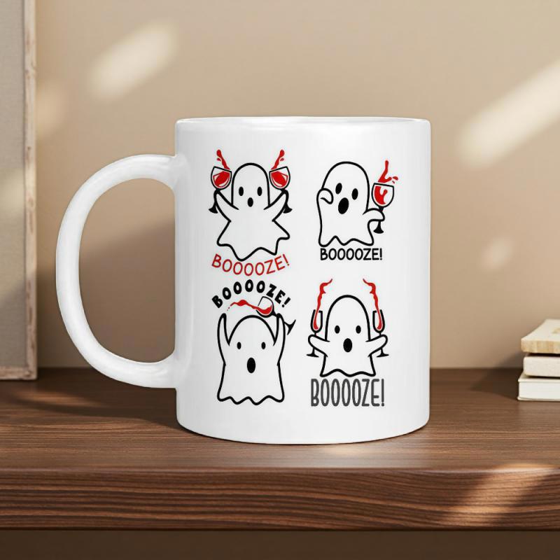 Tailorly White Ceramic 11 oz Mug - Booooze Cartoon Ghosts Holding Wine Glasses And Celebrating Halloween Party Pattern Ghost