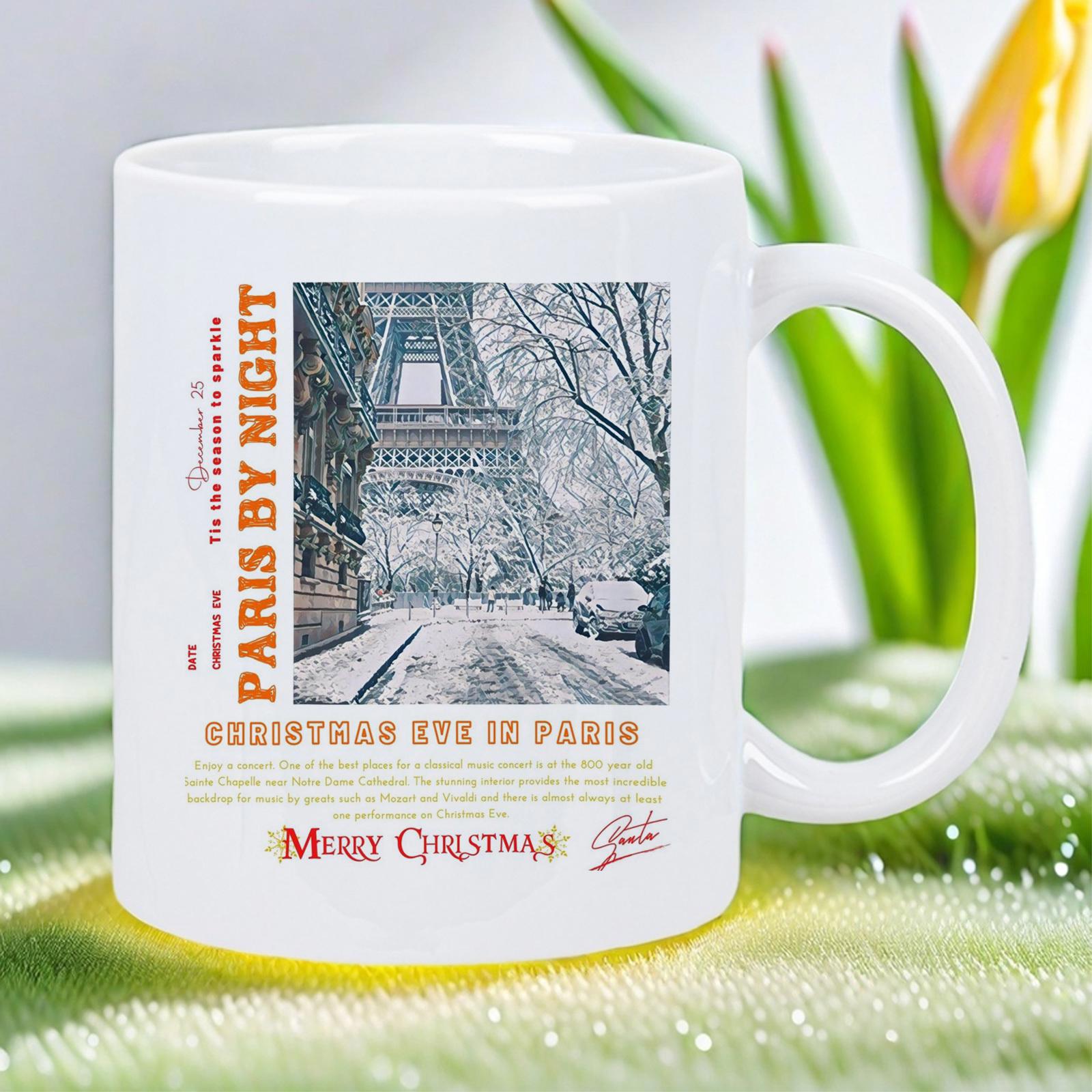 Tailorly White Ceramic 11 oz Mug - Paris By Night Christmas Eve In Paris Merry Christmas Vintage Eiffel Tower Standing Tall Over A Snowy Parisian Street Scene Mug