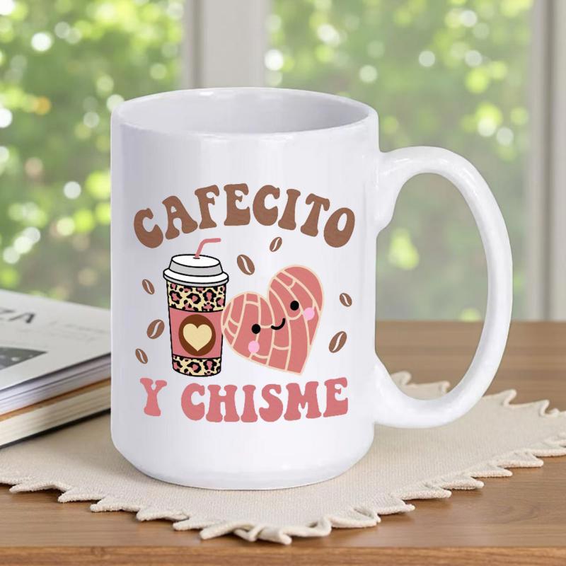 Tailorly White Ceramic 11 oz Mug - Smiling Heart Shaped Concha Bread Beside A Leopard Print Coffee Cup