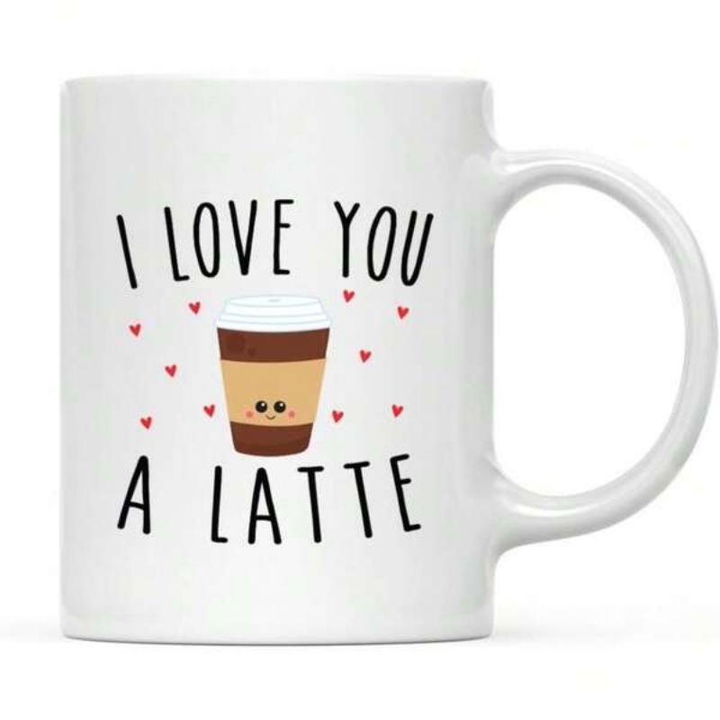Tailorly White Ceramic 11 oz Mug - I Love You A Latte Cute Cartoon Cup With Smiling Face Surrounded By Tiny Red Hearts Mug
