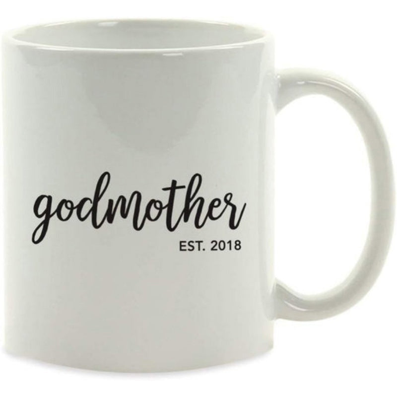 Tailorly White Ceramic 11 oz Mug - Godmother Est 2018 Elegant Minimalist Black Calligraphy Script Style Printed On Ceramic Mug