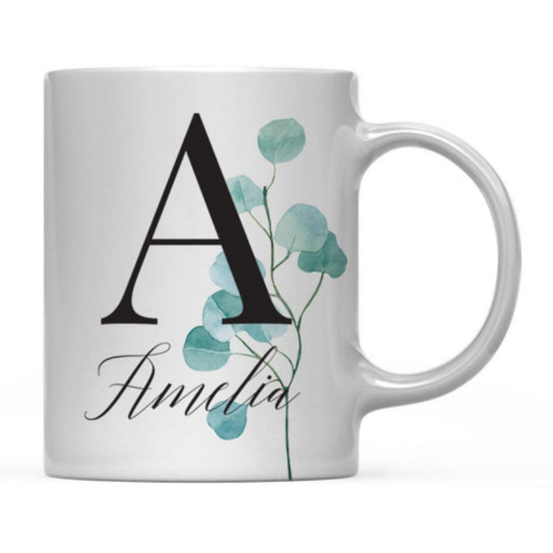 Tailorly White Ceramic 11 oz Mug - Amelia Elegant Script Name With Delicate Green Watercolor Foliage Wrapped Around Monogram Eucalyptus