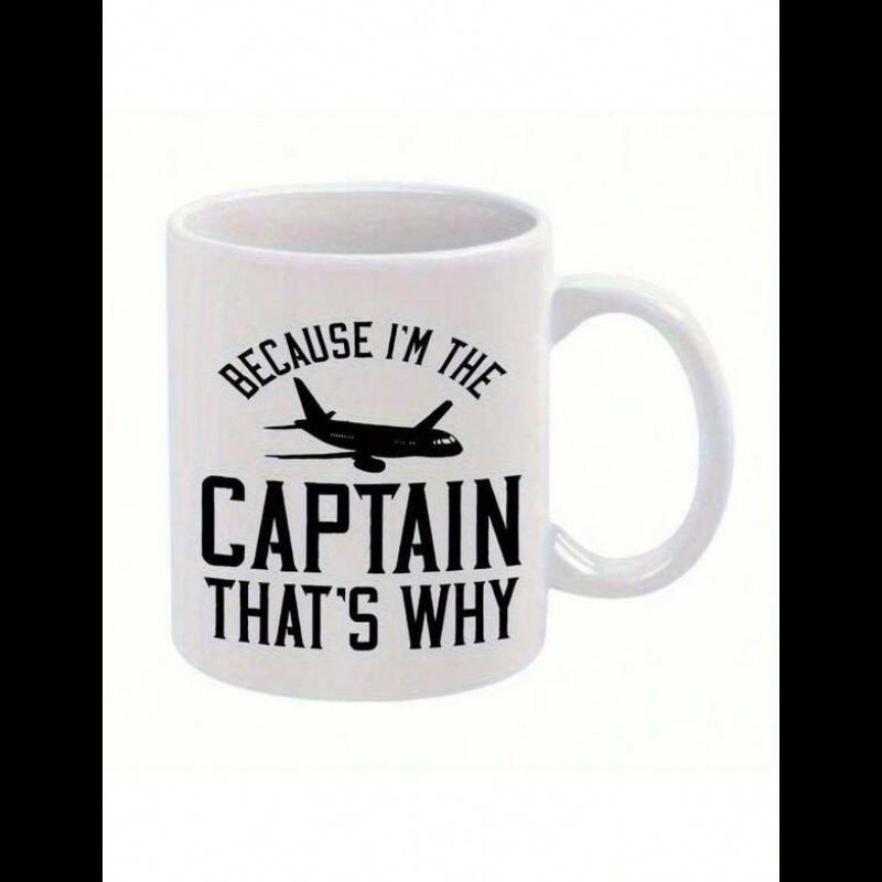 Tailorly White Ceramic 11 oz Mug - Because I'm The Captain That's Why Sleek Black Silhouette Of A Commercial Jet Flying Across Clear Sky Airplane