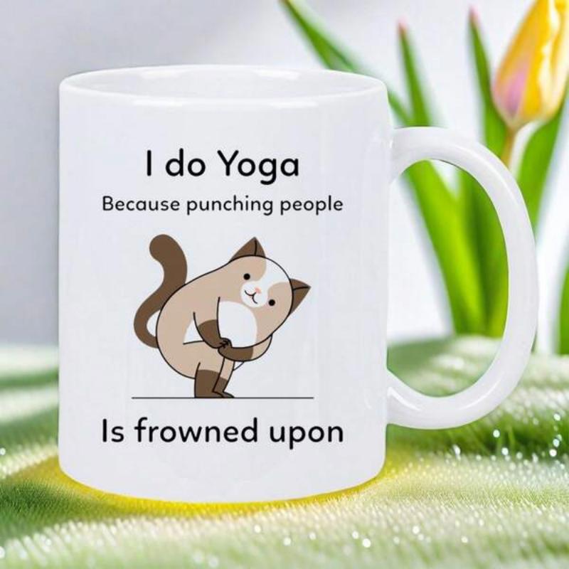 Tailorly White Ceramic 11 oz Mug - I Do Yoga Because Punching People Is Frowned Upon Cute Brown Siamese Feline Performing Flexible Yoga Stretching Pose Cat