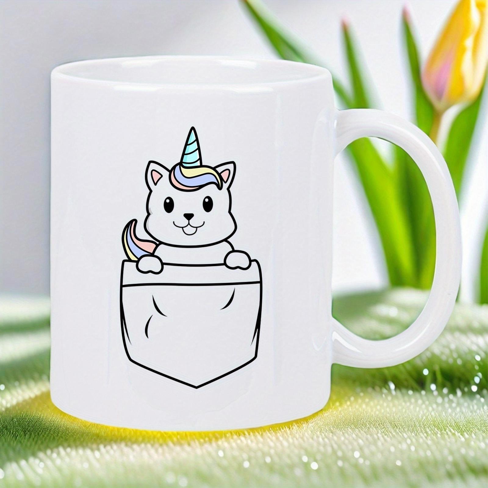 Tailorly White Ceramic 11 oz Mug - Minimalist Line Drawing Of Cute Caticorn Peeking Out From A Small Pocket Cat