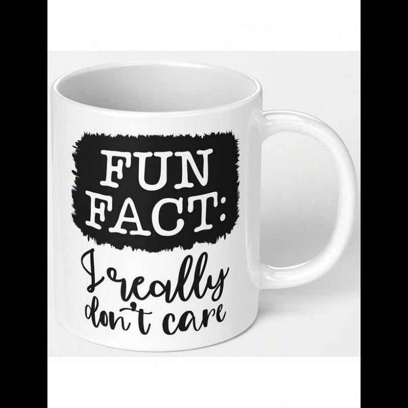 Tailorly White Ceramic 11 oz Mug - Fun Fact I Really Don't Care Bold Minimalist Typography Inside Dark Textured Rectangular Border With Elegant Script Sign