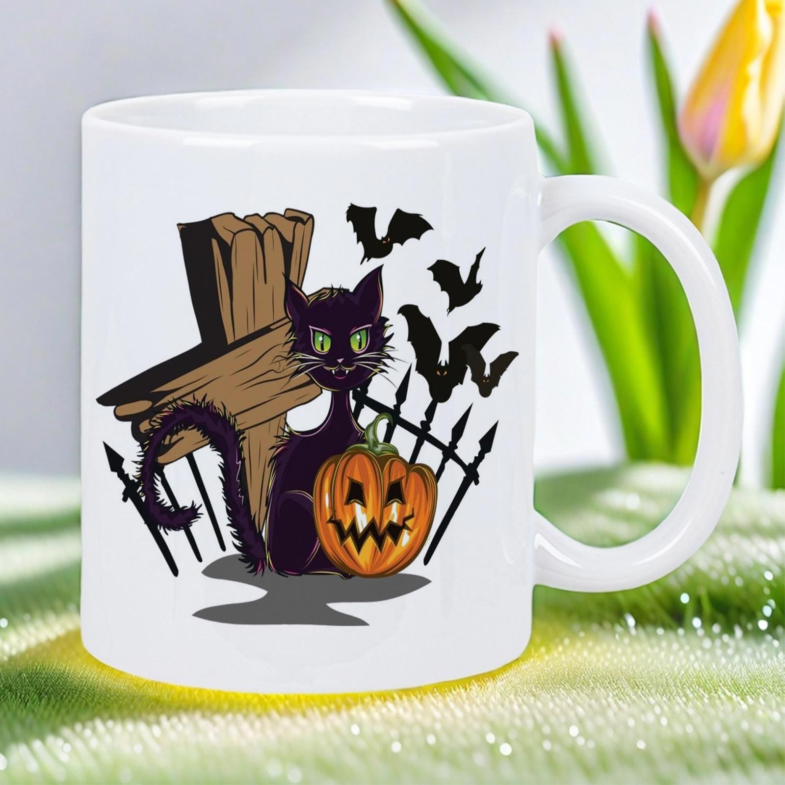Tailorly White Ceramic 11 oz Mug - Spooky Halloween Scene With Flying Bats And Carved Jack O Lantern Cat