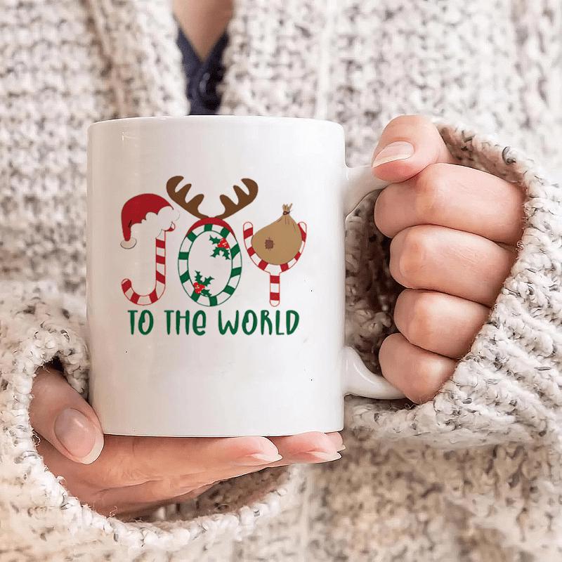Tailorly White Ceramic 11 oz Mug - Joy To The World Festive Red Candy Canes With Antlers And Wreath Ornament