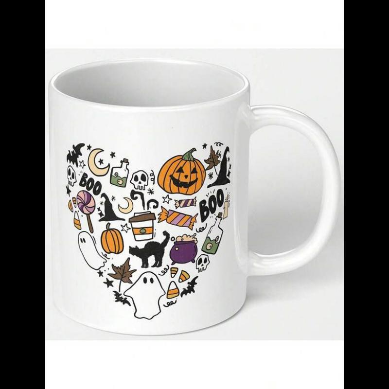 Tailorly White Ceramic 11 oz Mug - Boo Doodle Style Halloween Icons Arranged In A Decorative Festive Heart