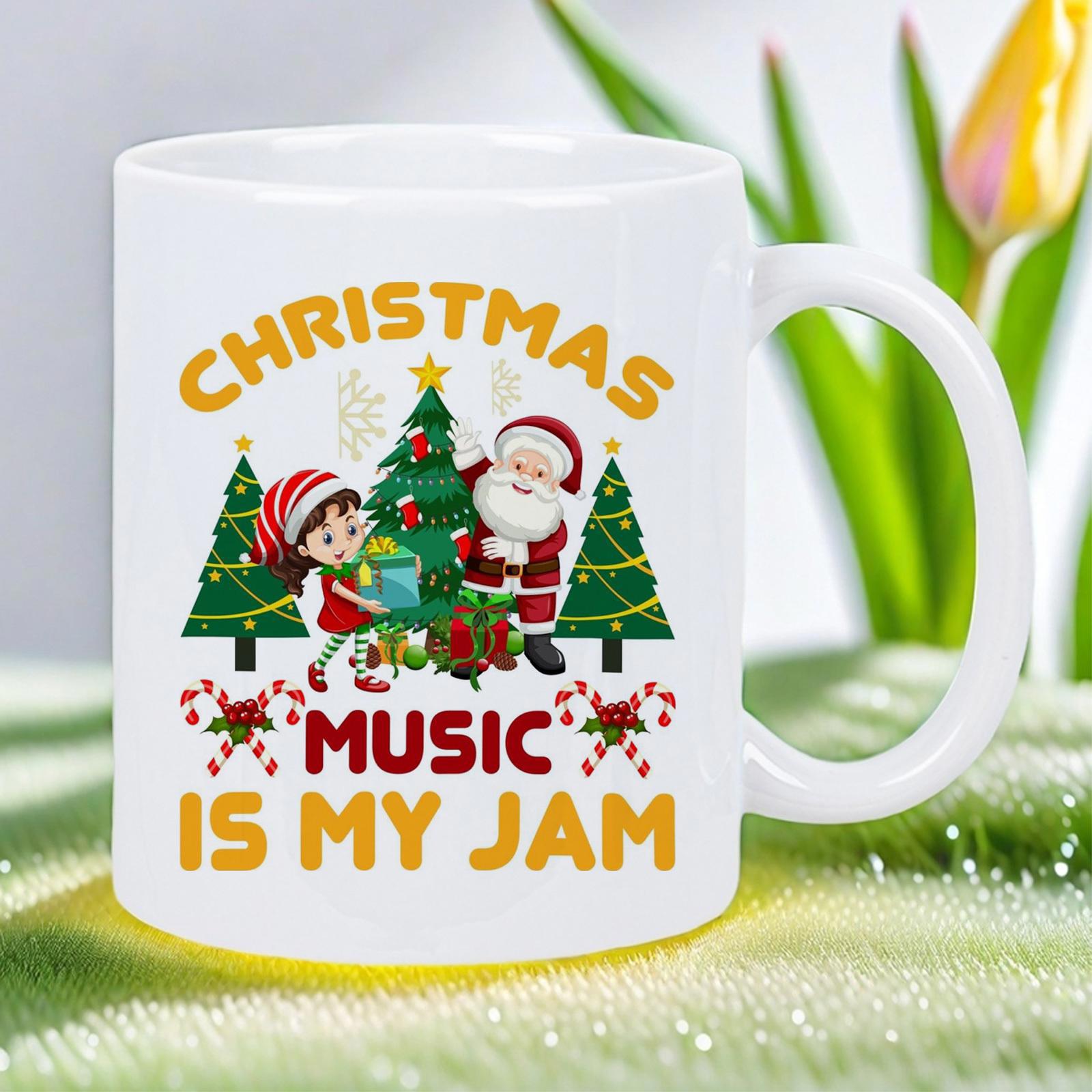 Tailorly White Ceramic 11 oz Mug - Christmas Music Is My Jam Festive Cartoon Elf With Decorated Trees And Red Santa Claus