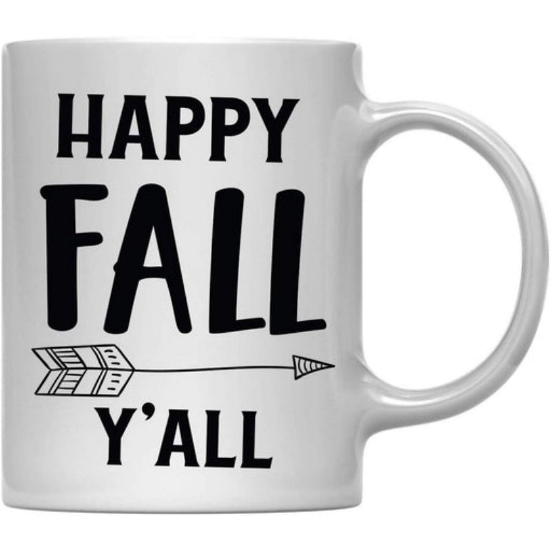 Tailorly White Ceramic 11 oz Mug - Happy Fall Yall Minimalist Hand Drawn Horizontal Shape Featuring Tribal Feather And Tip Details Arrow