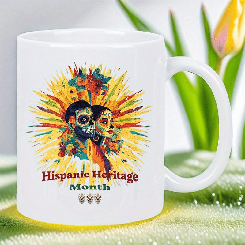 Tailorly White Ceramic 11 oz Mug - Hispanic Heritage Month Vibrant Sunburst Pattern With Traditional Painted Sugar Skull Figures Mug