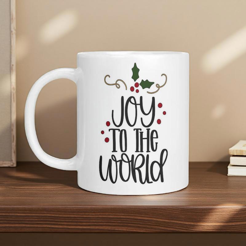Tailorly White Ceramic 11 oz Mug - Joy To The World Festive Holly Berries With Elegant Swirls And Red Dot Accents Mug