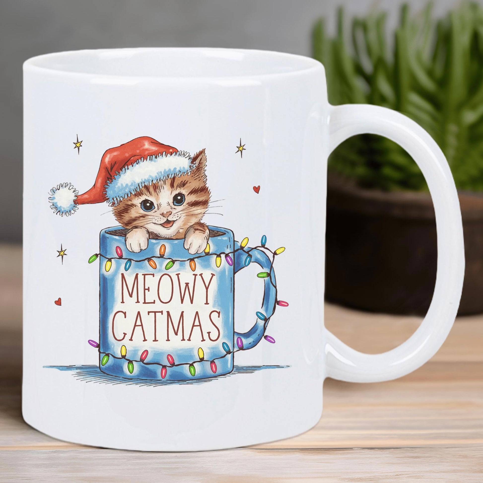 Tailorly White Ceramic 11 oz Mug - Meowy Catmas Festive Tabby Kitten Wearing Red Santa Hat Peeking From Tiny Mug Cat