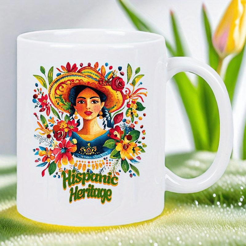 Tailorly White Ceramic 11 oz Mug - Hispanic Heritage Vibrant Cultural Figure Wearing Sombrero Surrounded By Artistic Colorful Floral Elements Woman