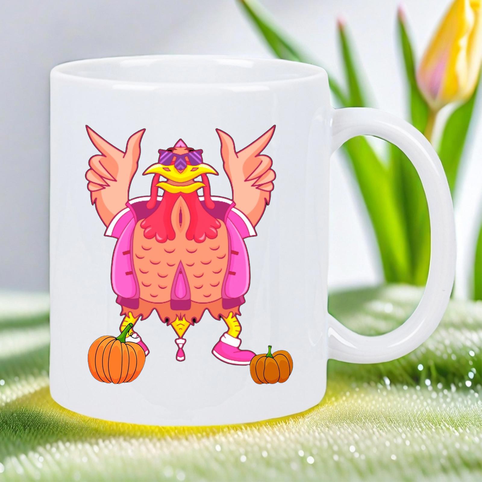 Tailorly White Ceramic 11 oz Mug - Cool Cartoon Chicken Wearing Sunglasses And Pink Vest Among Small Autumn Pumpkins Chicken