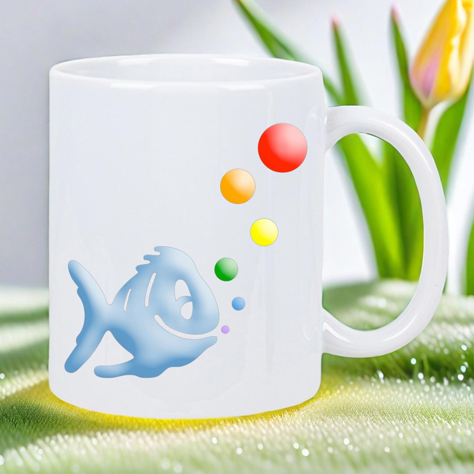 Tailorly White Ceramic 11 oz Mug - Whimsical Blue Fish Blowing Multi Colored Bubbles Floating Towards Sky Fish