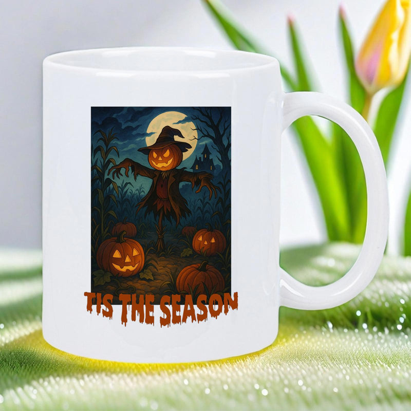 Tailorly White Ceramic 11 oz Mug - Tis The Season Spooky Halloween Scene Featuring Pumpkin Scarecrow Under A Glowing Full Moon Scarecrow