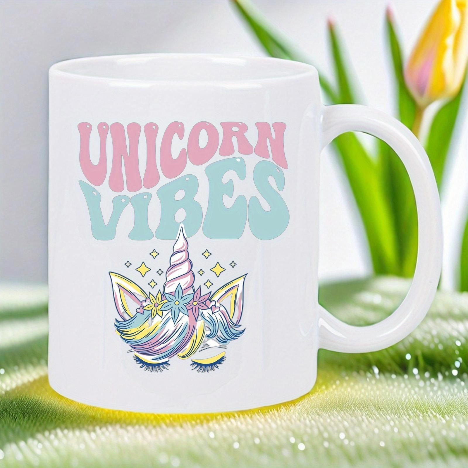 Tailorly White Ceramic 11 oz Mug - Unicorn Vibes Pastel Colorful Mane With Glittering Stars And A Spiral Horned Unicorn