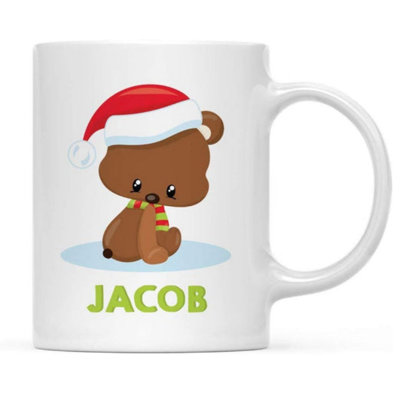 Tailorly White Ceramic 11 oz Mug - Jacob Festive Small Brown Teddy Bear Wearing A Red Santa Hat Bear