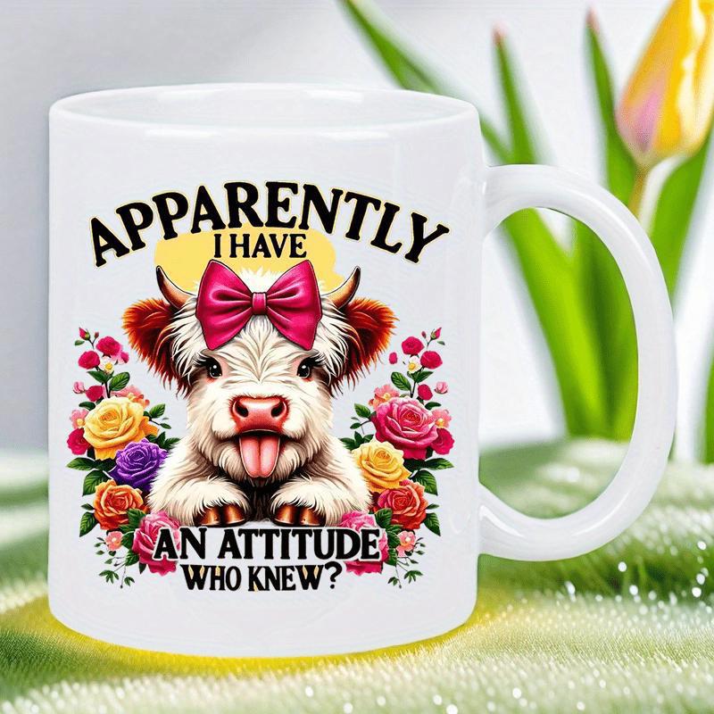 Tailorly White Ceramic 11 oz Mug - Apparently I Have An Attitude Who Knew Adorable Fluffy Cow Wearing Pink Bow Nestled Among Vibrant Colorful Blooming Rose Flowers