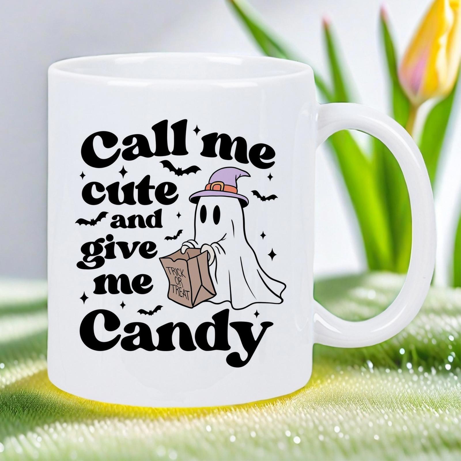 Tailorly White Ceramic 11 oz Mug - Call Me Cute And Give Me Candy Adorable Little Halloween Spirit Wearing Purple Witch Hat Holding Treat Bag Ghost