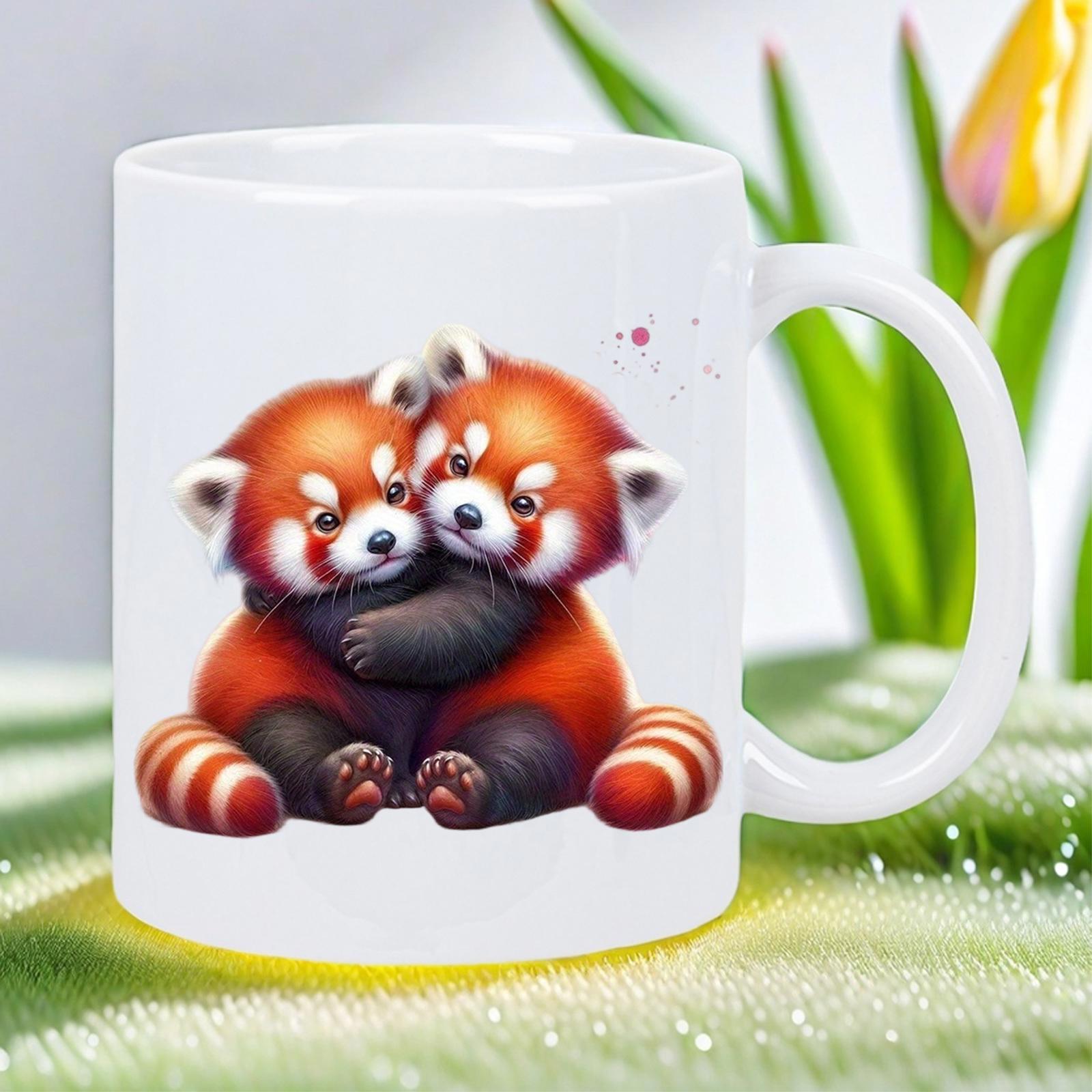 Tailorly White Ceramic 11 oz Mug - Cute Fluffy Creatures Hugging Together With Striped Tails And Soft Fur Red Panda