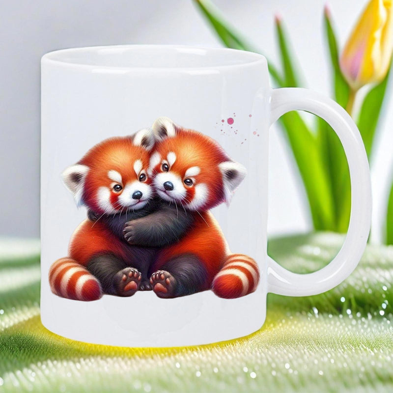 Tailorly White Ceramic 11 oz Mug - Cute Fluffy Creatures Hugging Together With Striped Tails And Soft Fur Red Panda