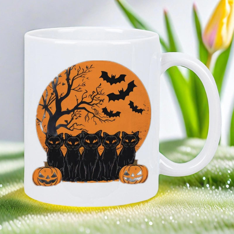 Tailorly White Ceramic 11 oz Mug - Spooky Halloween Scene With Black Cats Under A Large Orange Moon Cat